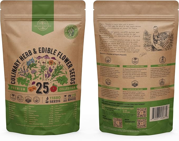 25 Culinary Herbs & Edible Flower Seed Variety Pack for Planting Indoor & Outdoors. 11900+ Non-GMO Heirloom Flower Seeds: Basil, Borage, Echinacea, Lavender, Oregano, Rosemary Seeds & More