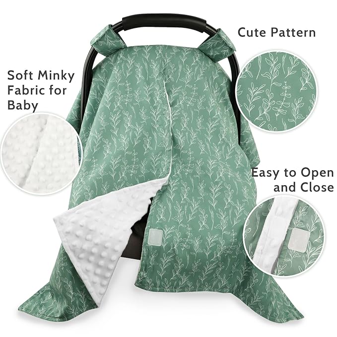 Baby Car Seat Canopy Soft Minky Plush Dotted Backing Baby Car Seat Cover Girls, Infant Carseat Canopy, Stretchy Multi- use Nursing Cover for Stroller/High Chair/Shopping Cart/Car Seat Canopies Sage
