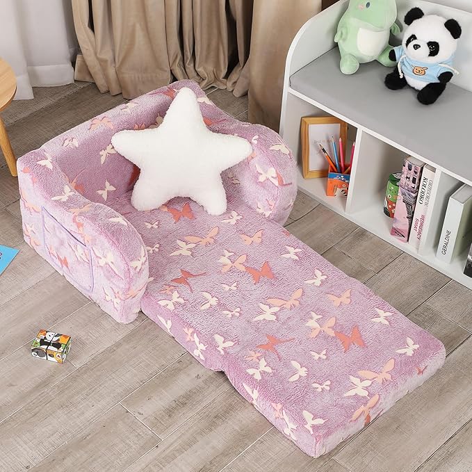 Butterfly Glow in The Dark Toddler Couch, 2-in-1 Toddler Soft Couch Fold Out with Star Pillow, Convertible Sofa to Lounger for Girls and Boys, 1-Seat