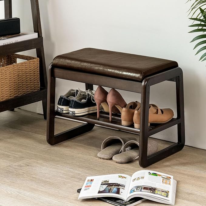 Shoe Bench, Entryway Bench with Leather Cushion, Solid Wood Shoe Rack, Mid Century Modern Bench, Shoe Storage, Shoe Organizer for Entryway (Brown, 21.7" W)