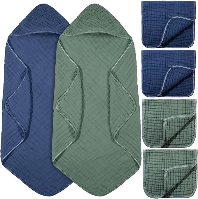 VitalCozy 6 Pcs Baby Muslin Hooded Bath Towels and Washcloths Muslin Cotton Hooded Baby Towels Absorbent Blankets for Gift Newborn Infant Shower (32 x 32 Inch,Green,Blue)