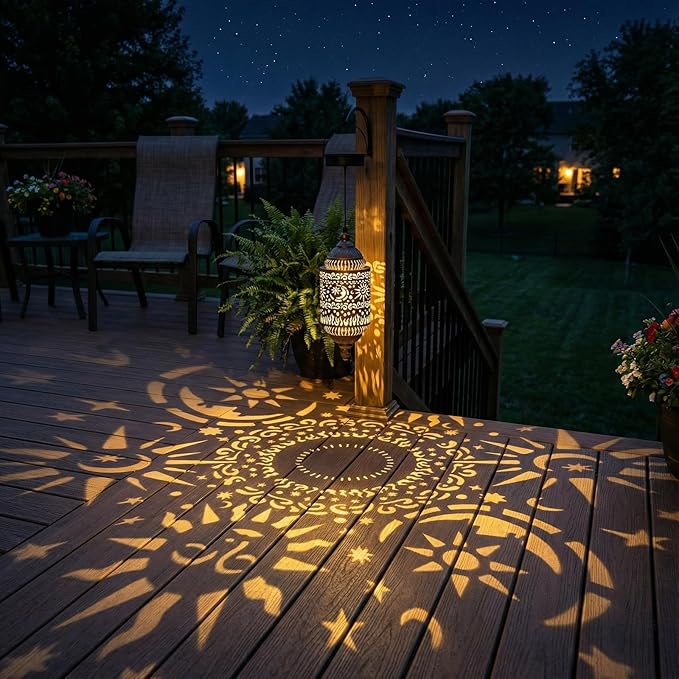 Moroccan Hanging Solar Lights Outdoor Garden Decor Sun and Moon Decorations Solar Lantern Waterproof for Patio Pathway Yard Backyard Garden Decorative (Cylinder, 1)