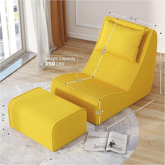 Giant Bean Bag Chair for Adults,Corduroy Chaise Lounge with Unrivaled Back Support, Detachable Neck Pillow, Comfortable Ottoman & Washable Cover for Living Room, Bedroom, Garden (Corn Yellow)