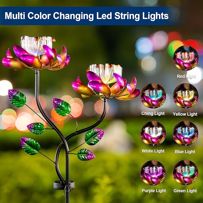 Solar Wind Spinners Pink Twin Flowers for Yard and Garden, Solar Windmill Garden Whirligig Kinetic Spinners Decor for Lawn, Patio, Yard, Metal Wind Outdoor Sculpture
