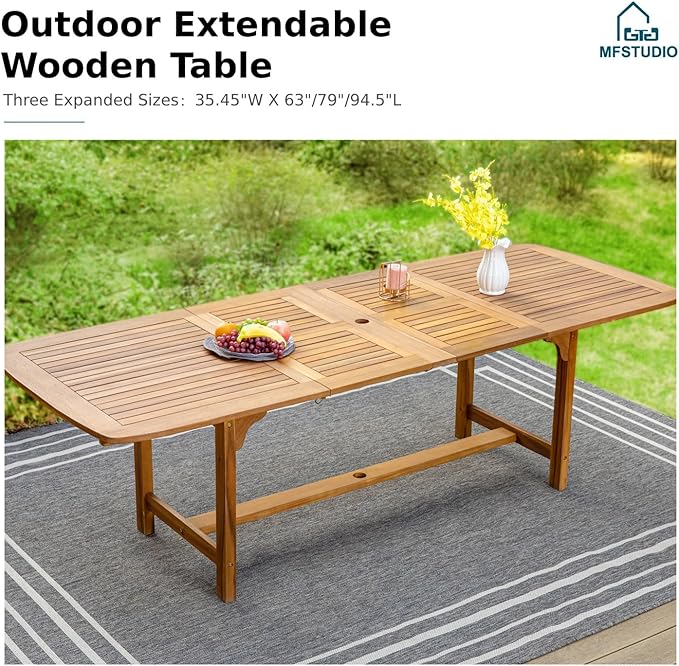 MFSTUDIO 7 Pieces Patio Dining Set, Teak Wood Outdoor Dining Set for 6, 1 x Rectangular Expandable Acacia Wood Table, 6 x Wooden Patio Dining Chairs with Removable Cushions for Backyard, Porch