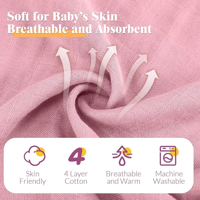Preboun 6 Pcs Muslin Hooded Baby Towels and Washcloths 32"x 32" Cotton Newborn Bath Towel Anti-Shrink Infant Baby Blankets with Hood 12"x 12" Washcloths for Girl Boy Toddler(Light Pink,Purple)
