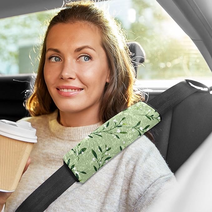 2 Pack Seatbelt Covers Seat Belt Cover Pad for Adults Boys Girls Car Seat Strap Covers Pads Cushion Universal Shoulder Strap Pad Protector for Backpack Camera Bag 6.5 Inch Green Branches and White Ber