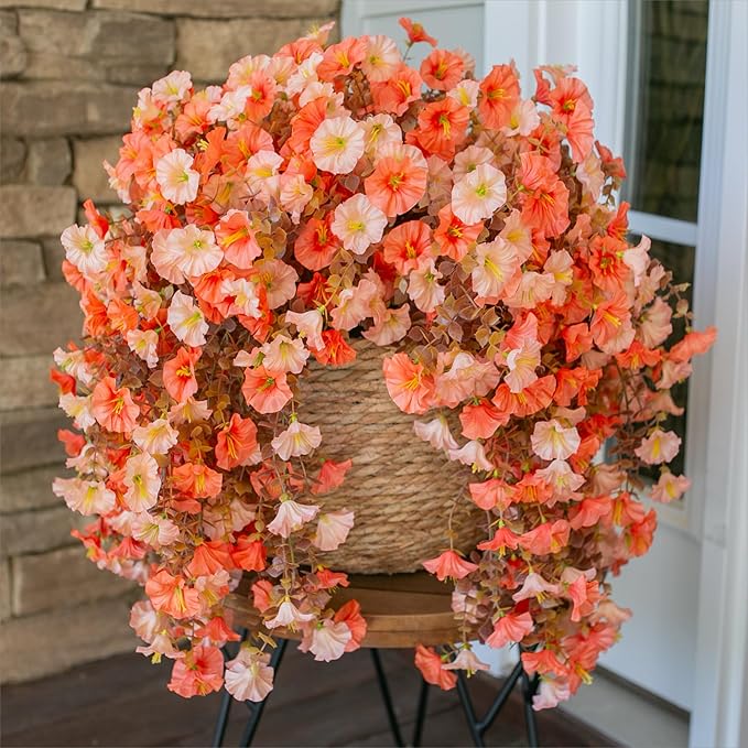 Ivydale Artificial Faux Mums Fall Flowers for Outdoor Outside Decoration, 2 PCS Fake Hanging Flowers Silk Morning Glory Plants with Eucalyptus for Home Garden Decor (Fall Orange+Light Orange)