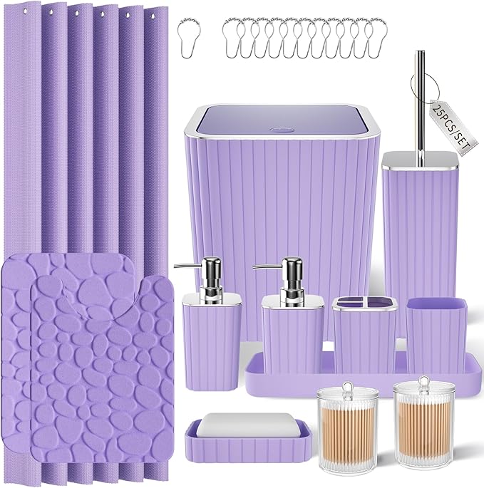 XLHOMO Bathroom Accessories Set - 25PC Bathroom Sets with Shower Curtain and Rugs, Purple Bathroom Accessories with Trash Can, Soap Dispenser, Soap Dish & Toilet Brush