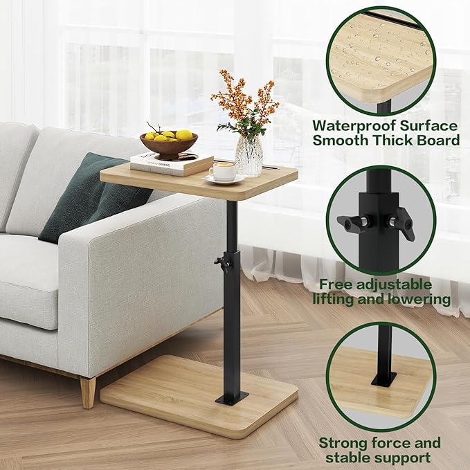 IBUYKE Tray Table for Couch, 360° Swivel Height Adjustable End Table for Small Spaces, with Phone & Tablet Slot, Modern Small Coffee Snack Table for Sofa/Bed, Natural UTVT003R
