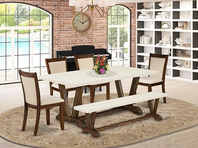 East West Furniture V727MZN32-6 6 Piece Dining Set Contains a Rectangle Dining Room Table with V-Legs and 4 Light Beige Linen Fabric Parson Chairs with a Bench, 40x72 Inch, Multi-Color