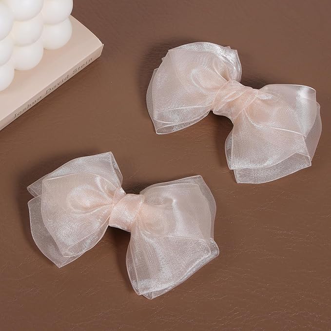 4-Inch Organza Double Hair Bows Alligator Clips 2PCS Nude Colors Mesh Ribbon Tulle Decorative Hair Bow Barrettes New Year Party Dress Accessory for Toddler Girls Children Teens