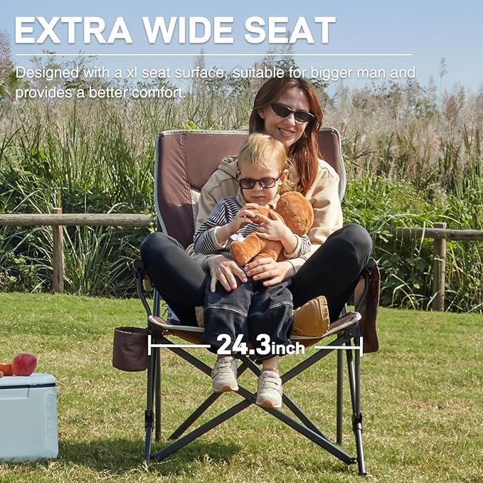 EVER ADVANCED Oversized Folding Camping Chair, for Adults Heavy Duty Lawn Chair with Side Pockets, Portable Collapsible Quad Chair for Outside, Support Up to 500lbs, Red 2Pack
