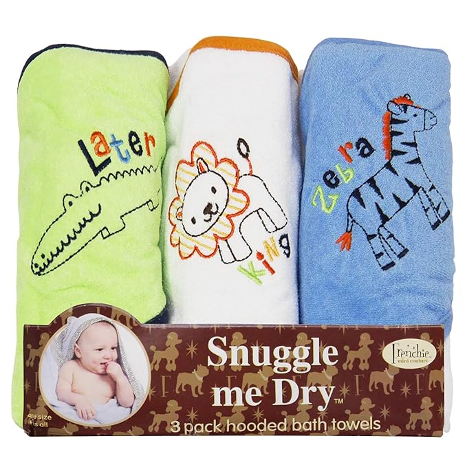 Frenchie Mini Couture, Hooded Bath Towels for Babies, 80% Cotton/20% Polyester, Wild Animal Design Baby Bath Towel Set, Boy, Pack of 3