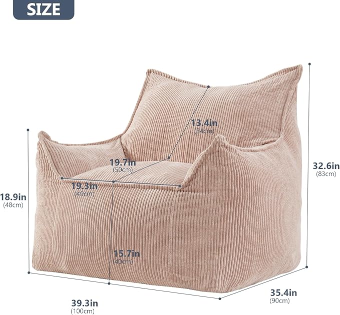 Giant Bean Bag Chair Sofa for Adults Teens, Comfy Corduroy Large Bean Bag Chairs with Armrests for Bedroom Living Room, Adult BeanBag Lazy Sofa Couch Chairs with Filler Included