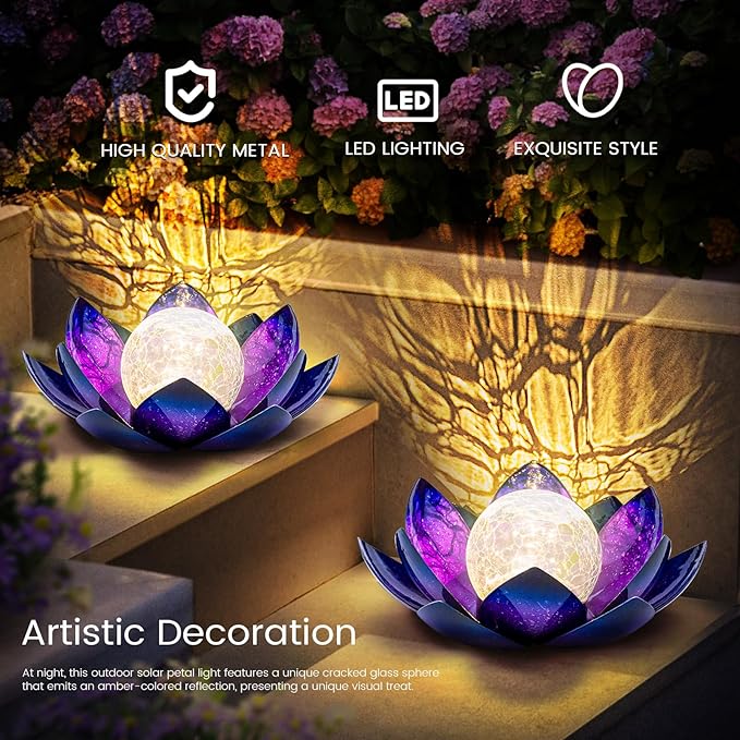 Huaxu Solar Lights for Outdoor Decor, Purple Lotus Flower Light, Waterproof LED Crackle Globe Glass Lamp for Garden, Patio, Yard, Porch, Pathway, Ground, Tabletop Christmas Gifts for Mom,Women