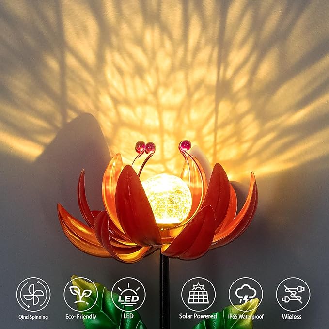 Solar Lights Outdoor Garden Decor, Solar Wind Spinner Yard Decorations for Outside, Lotus Windmill Pathway Lights with LED Cracked Crystal Ball Waterproof Flower Sculpture for Patio Lawn Garden Gifts
