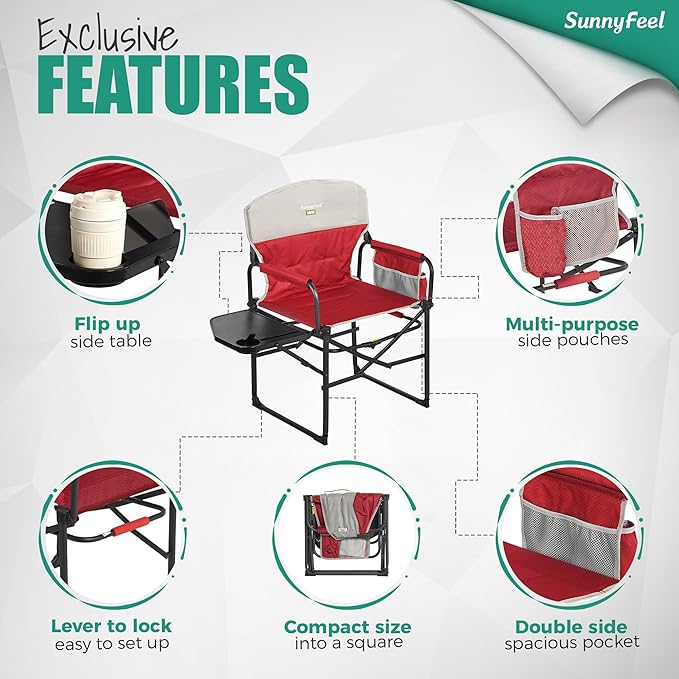 SUNNYFEEL Camping Directors Chair, Heavy Duty,Oversized Portable Folding Chair with Side Table, Pocket for Beach, Fishing,Trip,Picnic,Lawn,Concert Outdoor Foldable Camp Chairs
