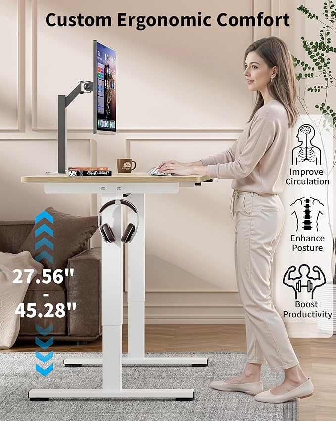 Okin Small Electric Standing Desk, 40" x 24" Whole Piece Height Adjustable Oak Sit to Stand Desk Computer Workstation for Home Office