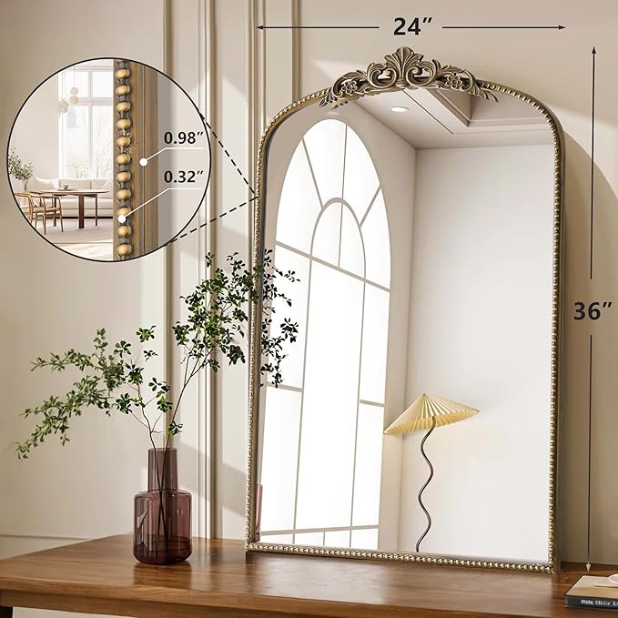Micasso Antique Gold Ornate Mirror, 24 x 36 Inches Arched Baroque Style Mantel Wall Mirror for Bathroom, Vanity, Living Room