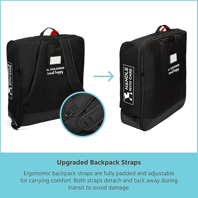 J.L. Childress Padded Compact Travel Stroller Bag for Airplane - Fits Most Compact-Fold Single Baby Strollers, AirTag Compatible, Black, Expands from 21"W x 23"H x 7"D to 21"W x 23"H x 11"D