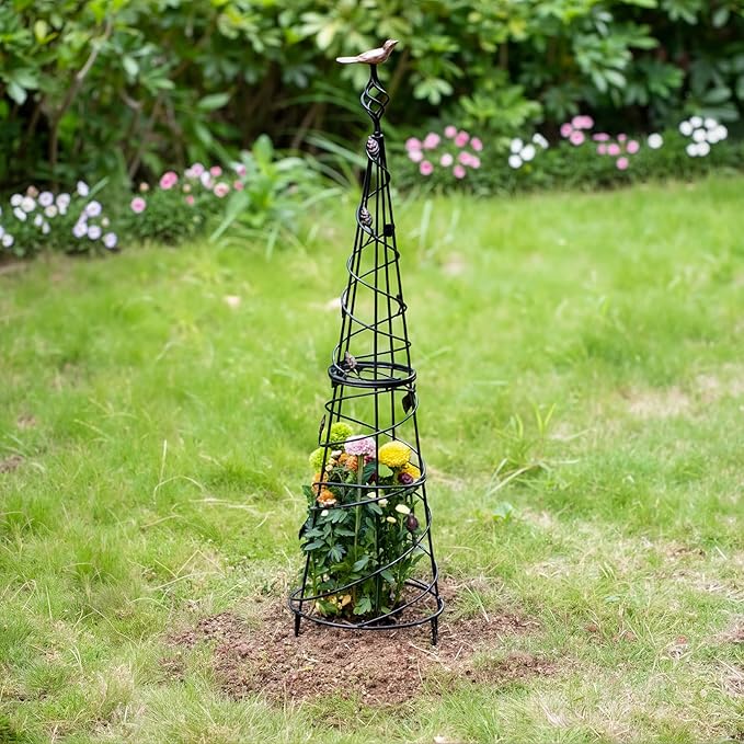 Garden Obelisk 40.5 Inch Metal Trellis for Climbing Plants - Sturdy Support for Rose Bushes & Tall Vines, Featuring Decorative Bird and Leaf Elements, Perfect for Garden Decor