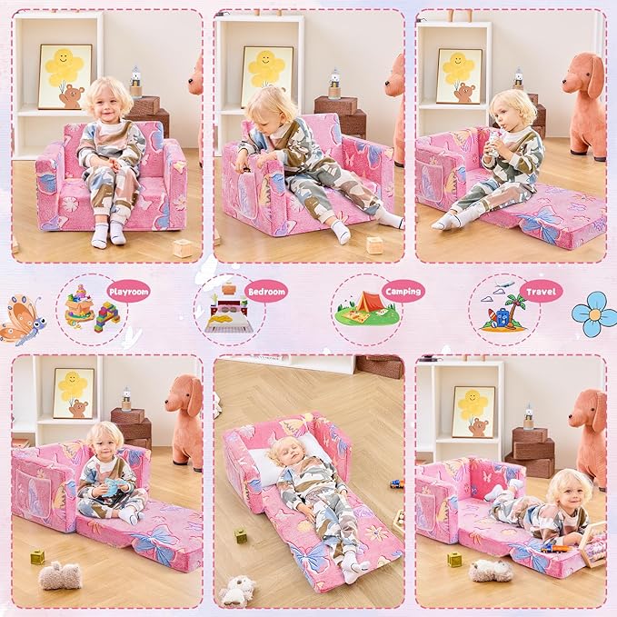 Toddler Chair Comfy,2-in-1 Soft Toddler Couch Fold Out for Kids,Convertible Sofa to Lounger,Gift for Girls and Boys Birthday,Butterfly
