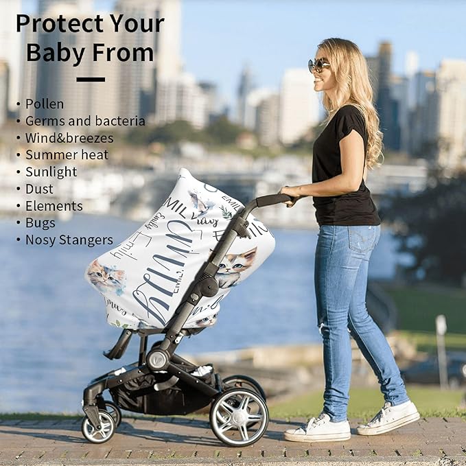 Personalized Car Seat Covers with Name, Cat Baby Canopy Carrier Cover, Breathable Breastfeeding Nursing Cover, Stretchy Multi-Use Infant Carseat Stroller Cover