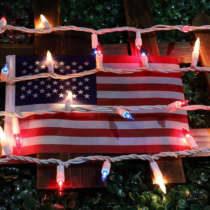 LAMPHOME Red White and Blue Mini String Lights, 31.9FT 150 Lights 4th of July Patriotic Lights White Wire, Red White Blue Fairy Lights for Indoor Outdoor Independence Day Memorial Day Tree Decoration