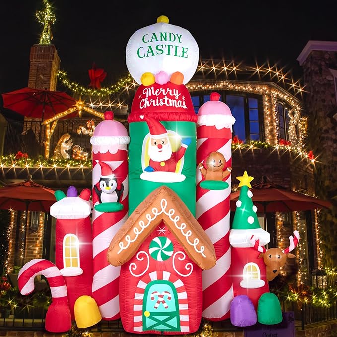 Hioasis 10 FT Christmas Inflatable Decorations,Gaint Candy Castle Inflatable with Santa,Reindeer,Penguin,Gingerbread - Blow Up Yard Outdoor Decorations with LED Lights Built-in,Perfect for Christmas