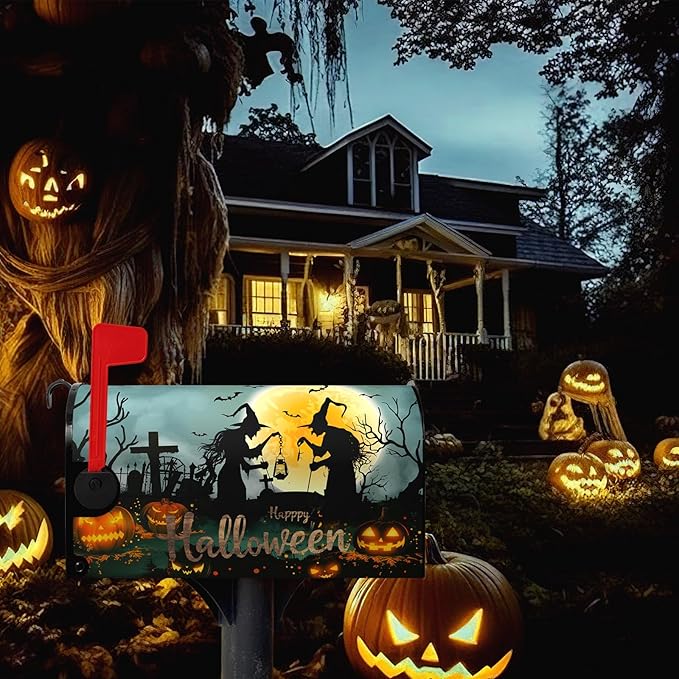 Halloween Witch Moon Mailbox Covers Magnetic 21 x 18 Inch Halloween Pumpkin Lanterns Seasonal Pattern Home Houses Mailbox Wraps Letter Box Cover Decorations Standard Size for Outdoor