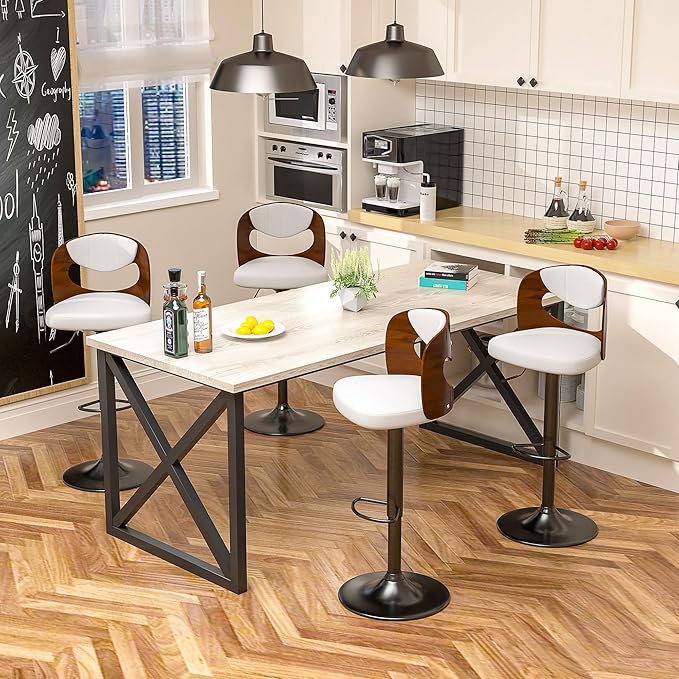 VECELO BarStools Set of 4,Kitchen Island Stools with Bentwood Back,Arm&Footrest,Counter Height Bar Chairs PU Leather Cushion Seat Adjustable Height 360°Swivel,Island Chairs for Club Pub,Creamy White
