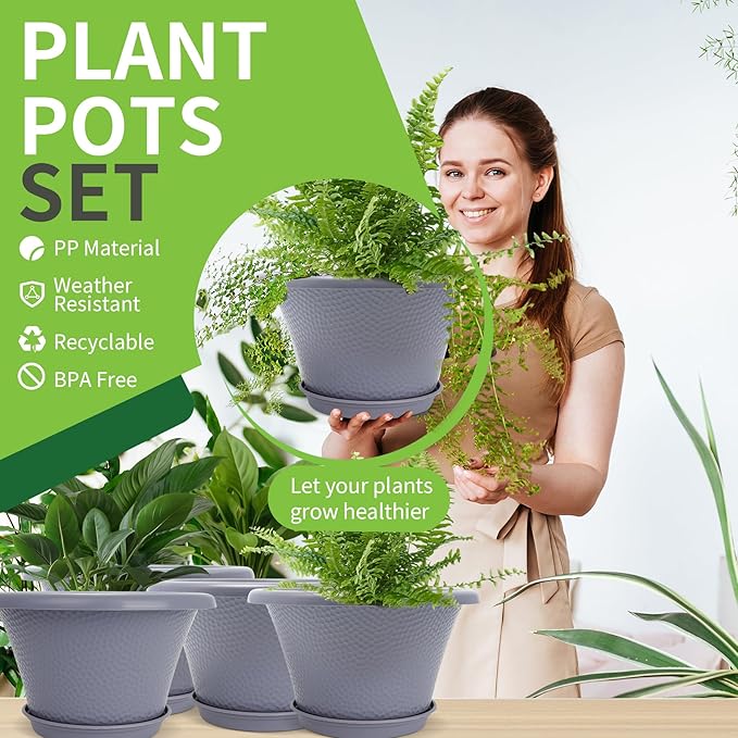 Quarut 12 Inch Large Planter Pot for Plants Indoor Outdoor, 4 Pack Plastic Flower Pots with Drainage Hole & Tray, Modern Decorative Garden Pot with Saucer, Plant Container for House Grey