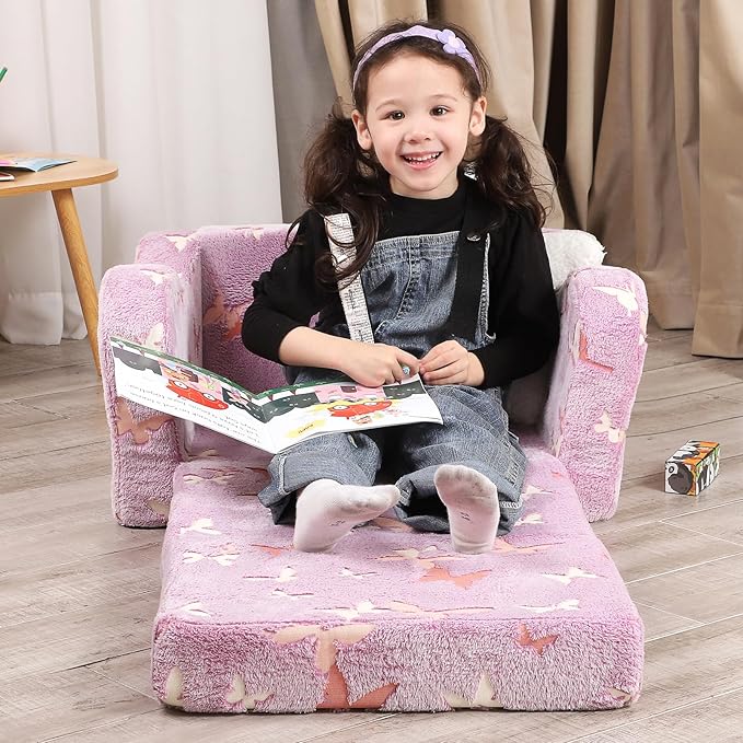 Butterfly Glow in The Dark Toddler Couch, 2-in-1 Toddler Soft Couch Fold Out with Star Pillow, Convertible Sofa to Lounger for Girls and Boys, 1-Seat