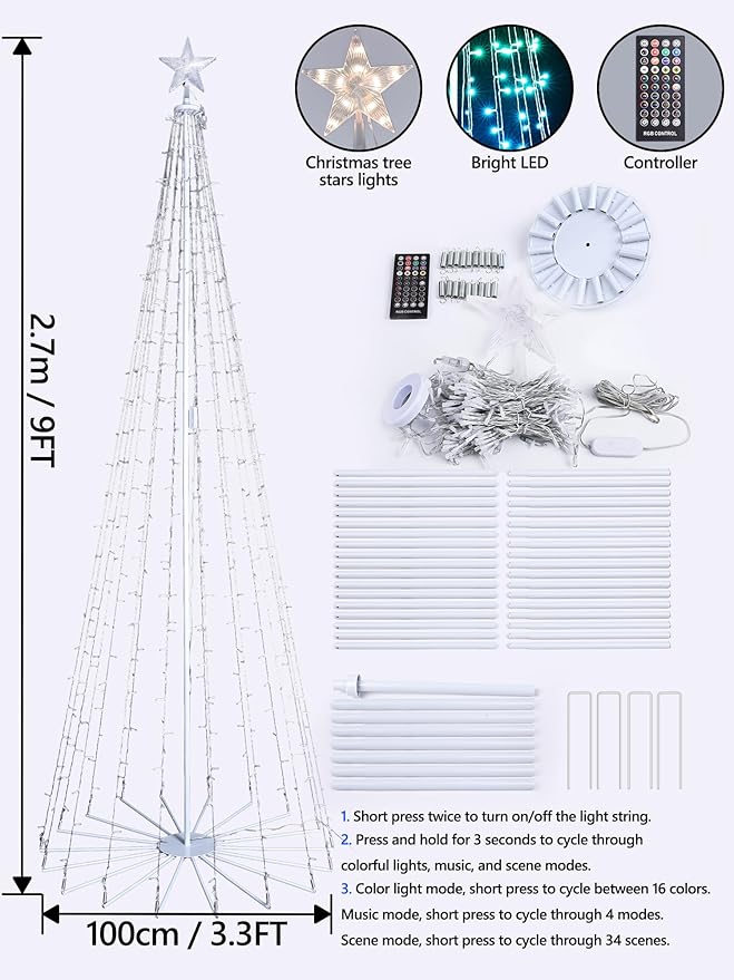 Flacchi 8.8 FT Smart Christmas Tree Lights - Star Tree Topper with Removable Bracket, App Control, Sync with Music, Waterfall Colored Lights for Indoor Outdoor Xmas Decorations (8.8FT/ String Lights)