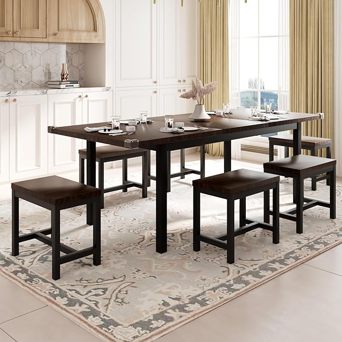 Feonase 7-Piece Dining Table Set with 6 Stools, 63 Inch Extendable Kitchen Table for 4-8, Kitchen Room Set with MDF Board & Metal Frame, Farmhouse Table, Space-Saving, Espresso