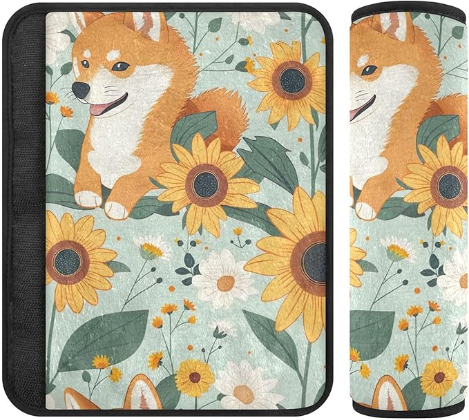 2Pcs Cute Dogs and Sunflowers Car Seat Belt Covers Cute Safety Belt Cushion Shoulder Pads Cushion for Adults Women Kids
