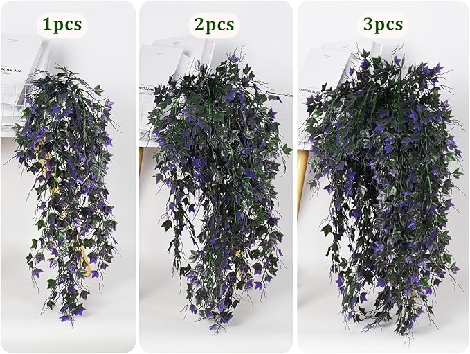 Artificial Ivy Vines Fake Plants Artificial Hanging Plants Faux Hanging Ivy Leaves Artificial Plants UV Resistant Plant for Outdoor Terrace Garden Decoration Indoor Bathroom Wall Decor(Purple)