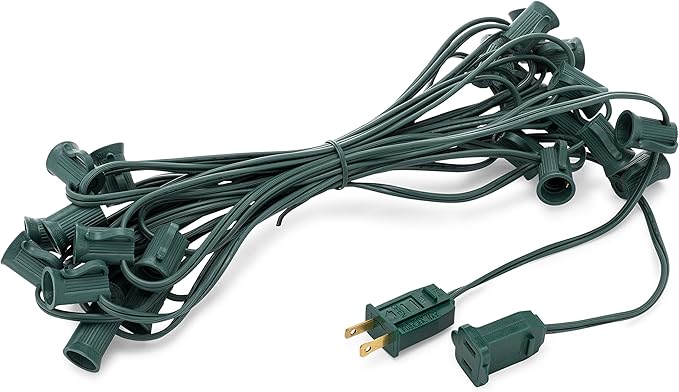 HLO Lighting C7 Light Strings | 25' Green Cord with 12" Socket Spacing, E12 Christmas Light Stringer