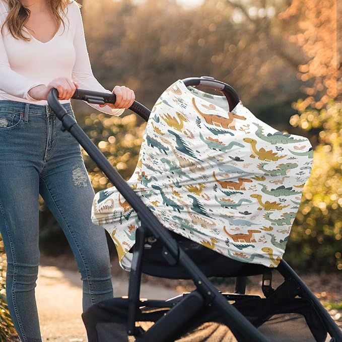 GIFTPUZZ Dinosaurs Child Stretchy Baby Car Seat Cover, Multiuse Nursing Breastfeeding Covers, Shopping Cart/High Chair/Stroller Canopy, Infant Full Protection Baby Car Seat Canopies for Boys Girls