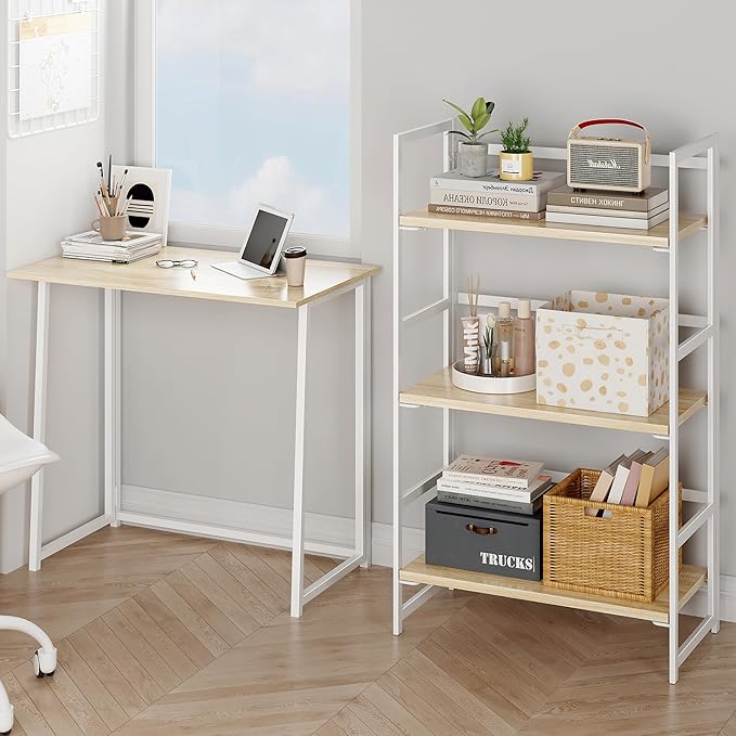 BHG Vintage Multifunctional Folding Bookshelf, No-Assembly Plant Stand Storage Rack Shelves for Home Office (White, 3-Tier)