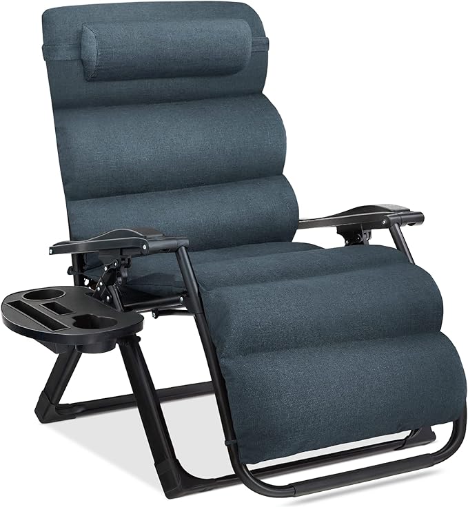 Best Choice Products Oversized Zero Gravity Chair, Folding Outdoor Patio Recliner, XL Anti Gravity Lounger w/Removable Cushion, Cup Holder, Side Tray, 350lb Capacity - Graphite Blue
