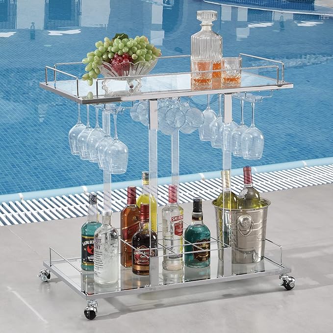 Silver Bar Cart for Home Bar Chrome Serving Cart with Wine Rack 2-Tier Acrylic Rolling Bar Carts on Wheels Clear Dessert Cart Lucite Bar Stand Glass Liquor Cart for Living Room Kitchen Club