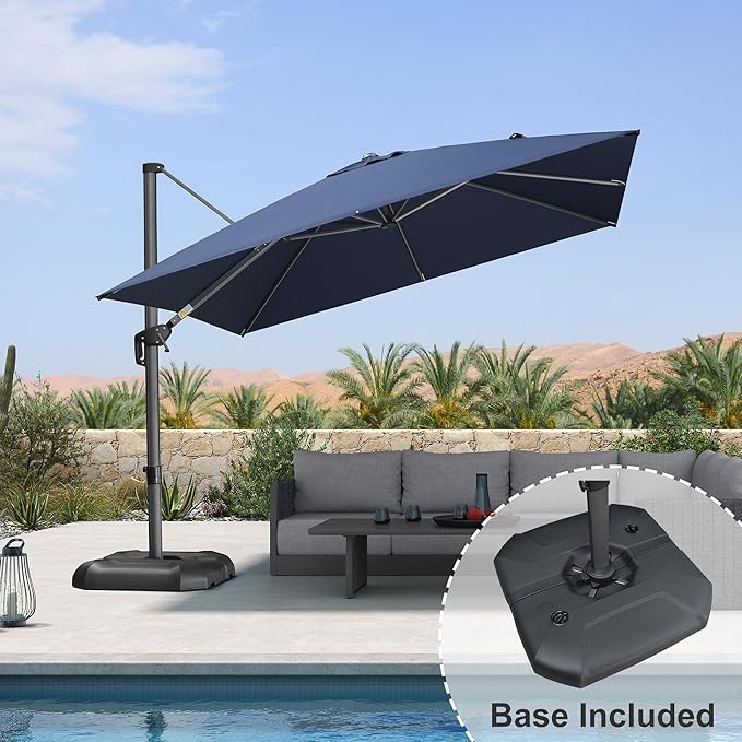 PURPLE LEAF Patio Umbrella with Base 10 Feet Outdoor Cantilever Square Umbrella Aluminum Offset Umbrella with 360-degree Rotation for Garden Deck Pool Patio, Navy Blue