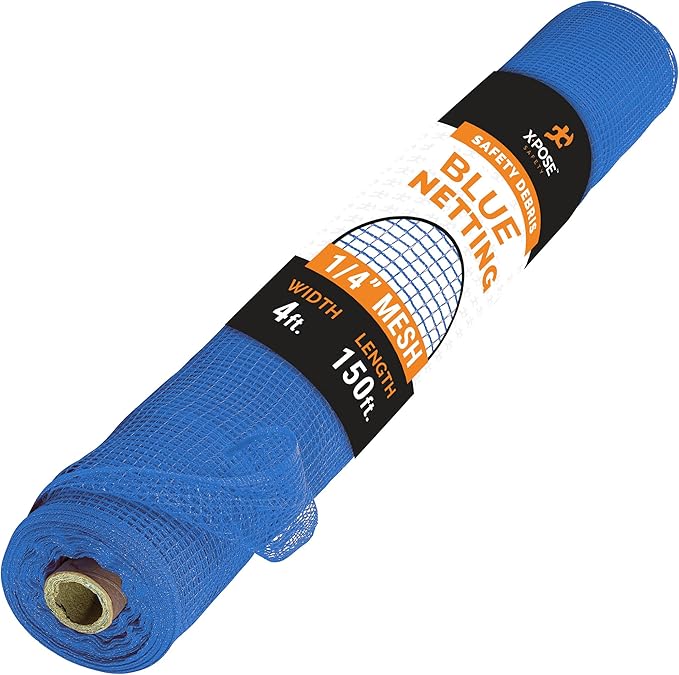 Xpose Safety Construction Safety Debris Netting - 150 Ft Temporary Material Roll, 1/4" Mesh Scaffold Net Enclosure, Visibility Barrier, Fencing Roll, Heavy Duty Fire Retardant 4 ft x 150 ft, Blue