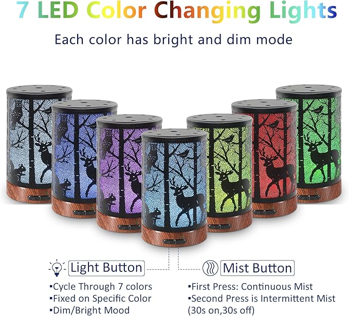 EQUSUPRO Essential Oil Diffuser 150ml Metal Aromatherapy Oil Diffuser Ultrasonic Cool Mist Diffuser with Auto Shut-Off Protection,7 Colors Changed LED for Home Office SPA Yoga (Deer)