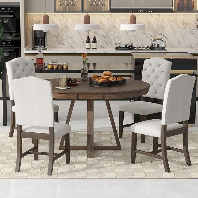 Ball & Cast 5 Piece Dining Table Set with 4 Upholstered Chairs,Living Room Furniture W/ 42" Table,Tabletop Can be Adjusted from Round to Oval in Shape,for Restaurant,Home Bistro,Walnut
