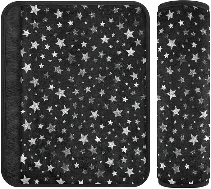 2 Pack Sparkly Silver Stars Seatbelt Covers Seat Belt Cover Pad for Adults Boys Girls Car Seat Strap Covers Pads Cushion Universal Shoulder Strap Pad Protector for Backpack Camera Bag 10x7.7Inch