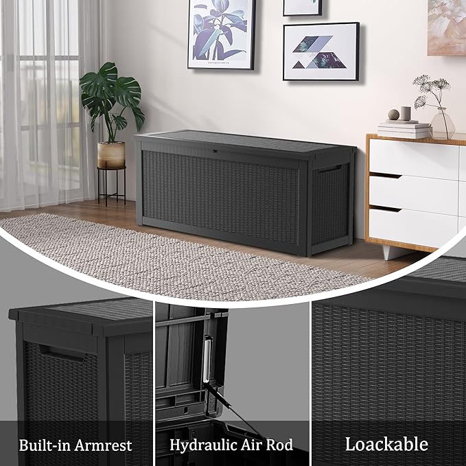 TARKARI 320 Gallon Lockable Resin Deck Box, Waterproof & UV-Resistant Outdoor Storage Box for Outdoor Cushion Storage, Garden Tools & Pool Accessories Storage, Black