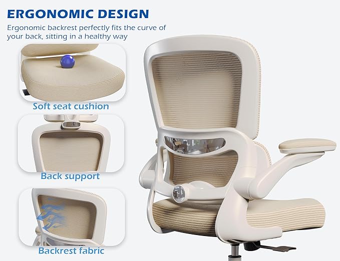TRALT Ergonomic Office Chair - Desk Chair with Adjustable Lumbar Support Computer Chair - Mesh Comfy Chair with Flip-up Armrests - Gaming Chairs for Adults Home Office (Leather, Beige)